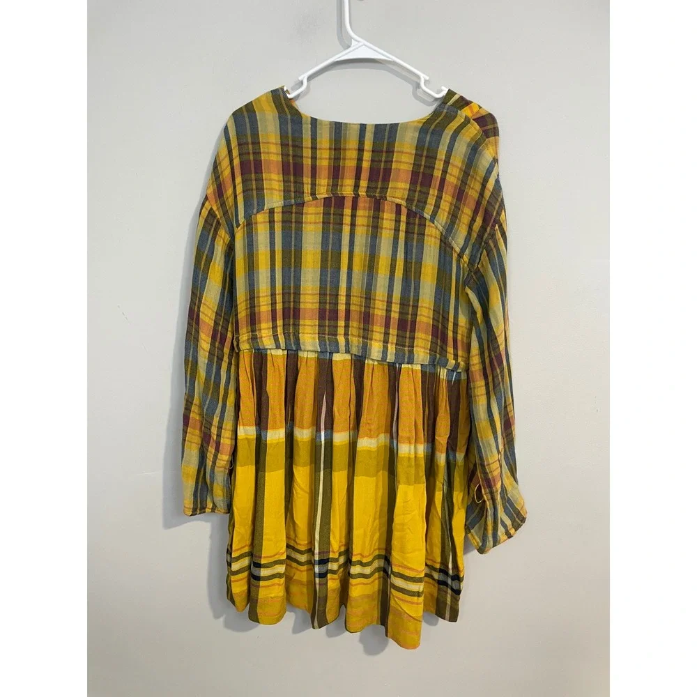 Free People Falling Stars Yellow Plaid Mini‎ Dress Size Small Bohemian Casual